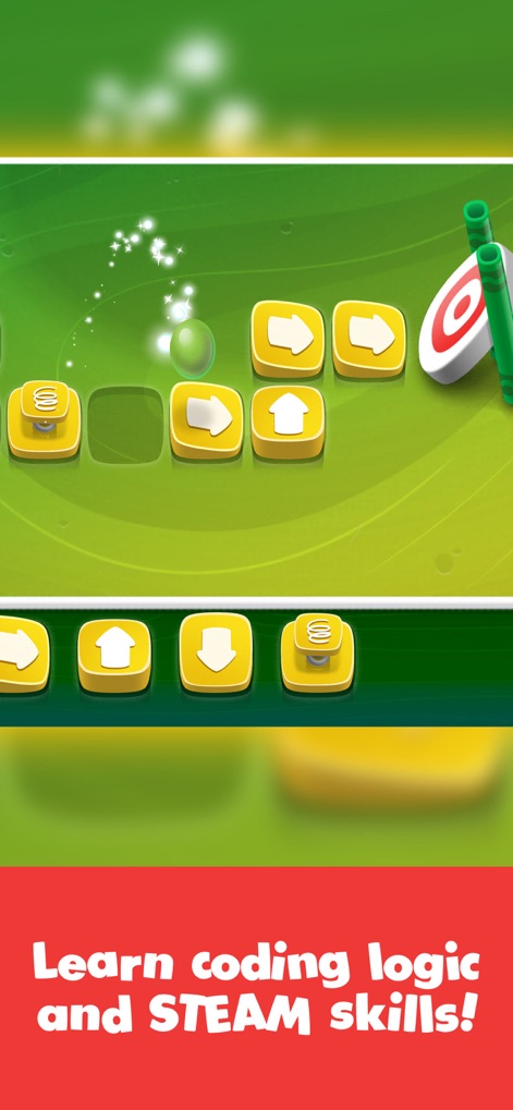 Crayola Create and Play: Kids - Discover how the app introduces coding concepts through interactive puzzles using directional arrows and a playful green orb to guide actions.