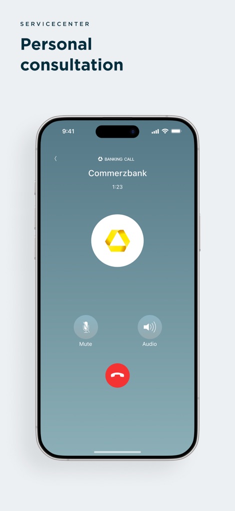 Commerzbank Banking - Nutzer können direkt aus der App einen „Banking Call“ mit der Commerzbank starten, wobei Funktionen wie „Mute“ und „Audio“ während des Gesprächs zur Verfügung stehen.
