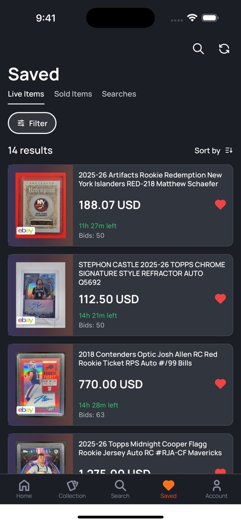 130 Point - This tool allows users to meticulously track 'Live Items' and 'Sold Items' they are interested in, complete with pricing and bid details.