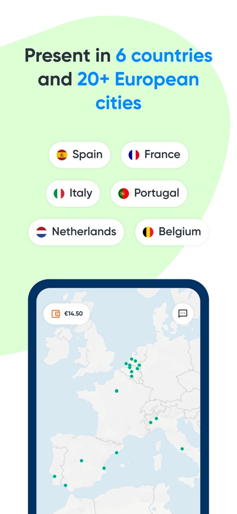 Cooltra: E-moped rentals - The app's wide reach is clearly displayed on a European map, showcasing its presence across multiple countries and numerous cities.