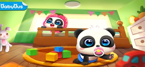 Baby Panda Care - BabyBus - Users can observe the adorable baby panda crawling on a rug with colorful blocks, while another charming panda peeks from the crib, highlighting interactive early development.