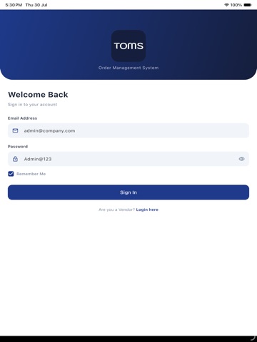 TOMS Mobile iPad screenshot