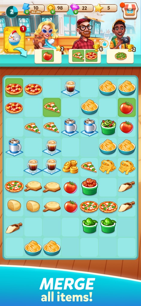 Cook & Merge - Merge Games - Das Merge-Spielfeld präsentiert eine Vielzahl von Lebensmitteln wie Pizzen und Kaffees, während anspruchsvolle Kunden oben auf ihre Bestellungen warten.
