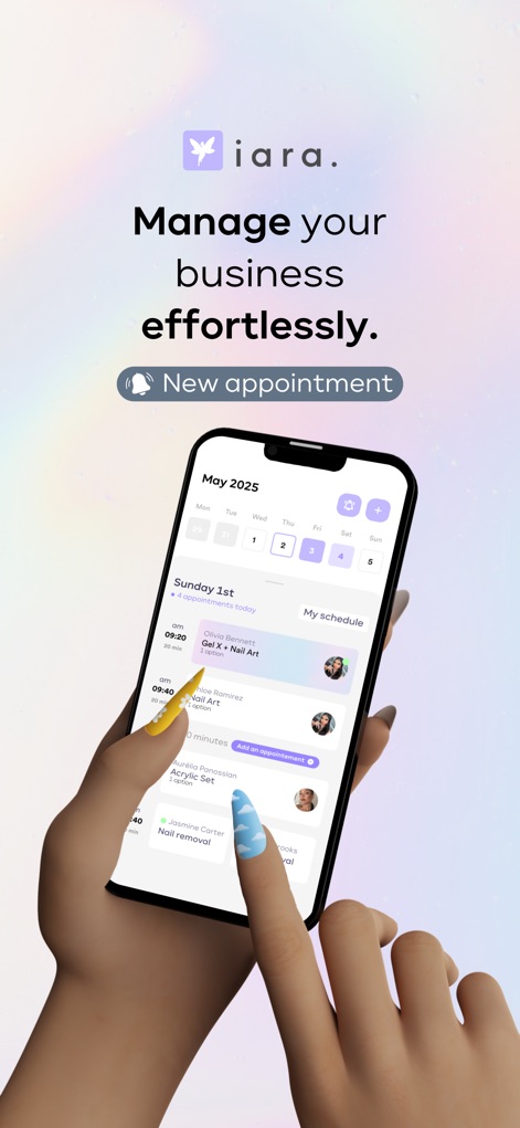 iara. - Profissionais podem gerenciar sua agenda diária e visualizar compromissos futuros com detalhes como "Gel X + Nail Art" e "Acrylic Set".