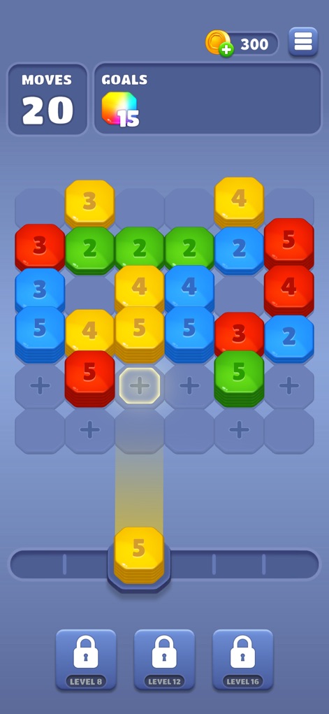 Throw Blocks! - This image showcases the initial game board configuration, detailing the 'Moves' counter and specific 'Goals' for the current level.