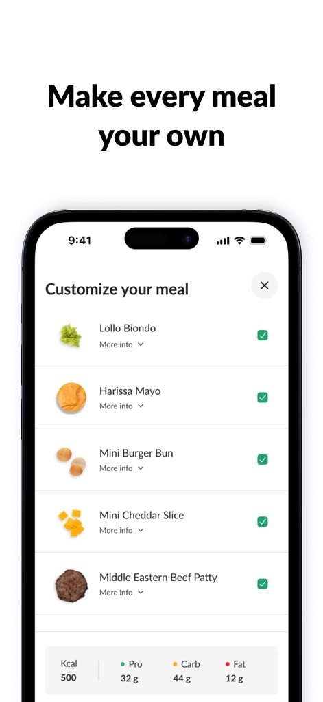 Calo - كالو - Users can personalize their meals using the app's customization options, selecting or deselecting ingredients such as 'Harissa Mayo' and 'Middle Eastern Beef Patty'.