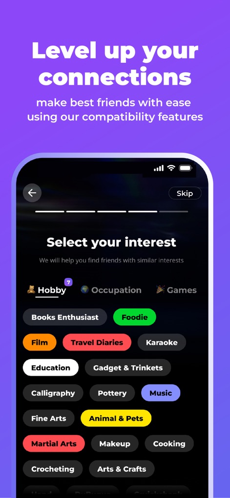 PopUp - AI Match & Chat - Users can curate their profile by selecting diverse interest tags, enabling the app to intelligently match them with compatible individuals through category filtering.