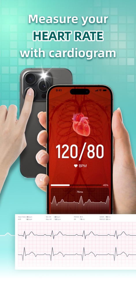 MyHealth: BP Tracker - La aplicación permite mediciones rápidas del pulso usando la cámara del smartphone, mostrando la lectura de BPM (latidos por minuto) y un cardiograma en tiempo real para análisis detallado.