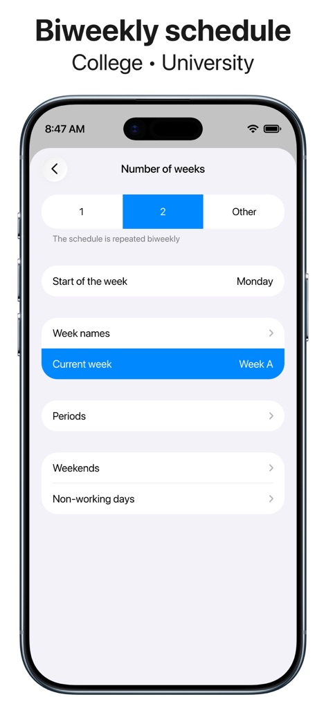Smart Timetable: Study Planner - A ferramenta suporta horários quinzenais, permitindo aos usuários especificar a semana atual (por exemplo, 'Week A') e o período de repetição de duas semanas.