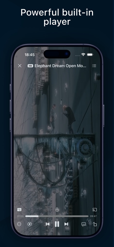 IPTV - Watch TV Online - Disfrute de una experiencia de visualización fluida con el potente reproductor integrado, que presenta controles de reproducción intuitivos como avance/retroceso y un indicador 'HD' que asegura calidad.