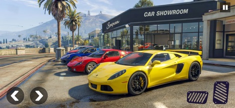 Open Drive 3D: Gangster Games - Browse an impressive collection of high-performance vehicles at the detailed Car Showroom, featuring vibrant yellow and red sports cars ready for the road.