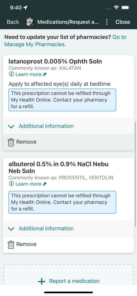 Sutter Health My Health Online - The tool facilitates efficient medication management, displaying prescription details like 'latanoprost' and options to view additional information or report a new medication.