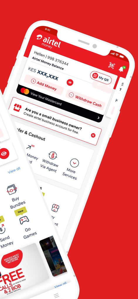 My Airtel Africa - Airtel Moneyの専用画面では、「Airtel Money Balance」の確認に加え、「Add Money」や「Withdraw Cash」といった送金・出金機能が直感的に利用可能です。