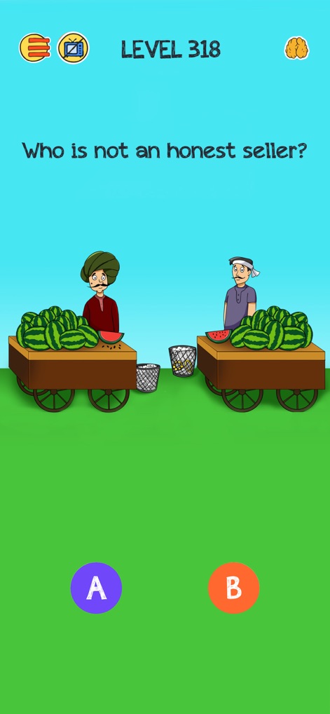 Brain Who? Tricky Riddle Tests - Ce défi commercial engage les joueurs à identifier le vendeur malhonnête en observant les produits exposés (pastèques fraîches vs. pourries) et les équipements (balance cassée vs. intacte).