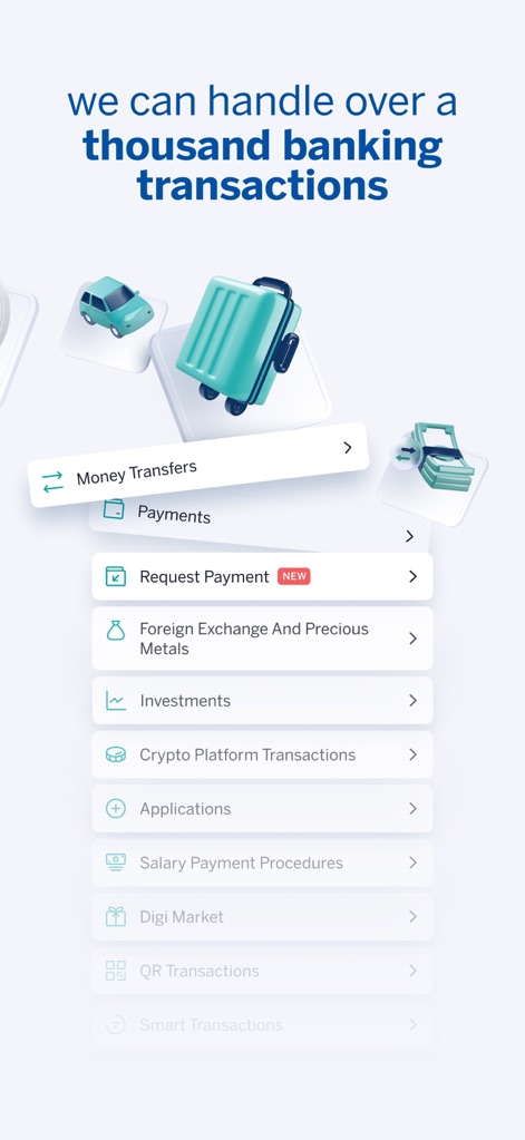 Garanti BBVA Mobile - This screen illustrates the vast array of banking transactions available, showcasing options like 'Money Transfers' and 'Investments' within a comprehensive menu.