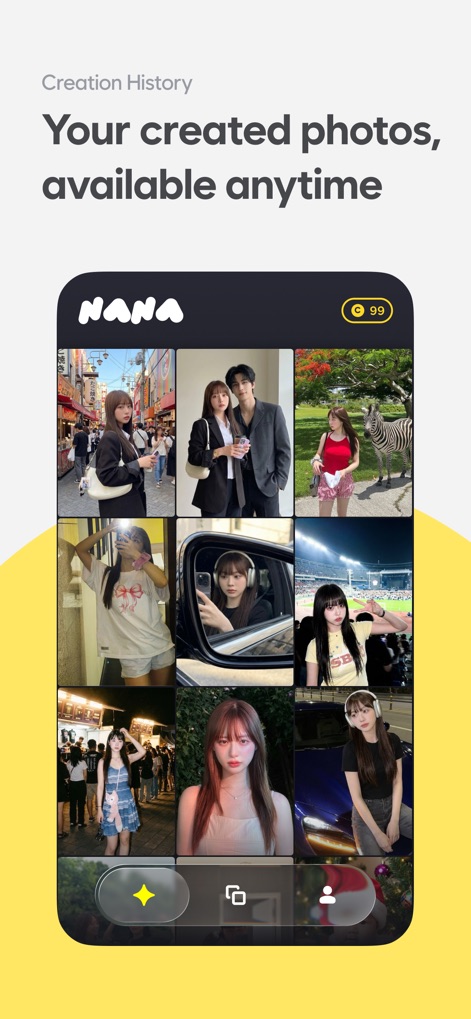 nana AI - Users can efficiently manage their generated images within the "History" tab, presented in a convenient grid layout for easy browsing.