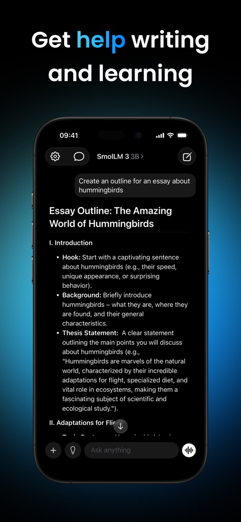 Locally AI - Local AI Chat - The app serves as a powerful productivity tool, assisting users with writing tasks by generating comprehensive content, such as a detailed "Essay Outline" on "Hummingbirds."