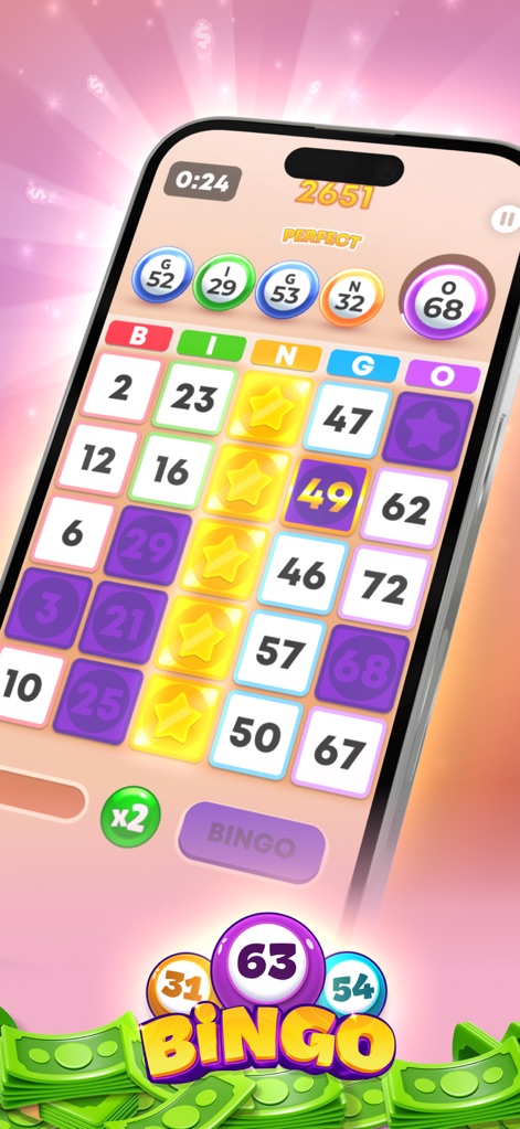 Blitz - Win Cash - The app showcases active Bingo gameplay, featuring called numbers and a "PERFECT" bonus indicator for skilled plays.