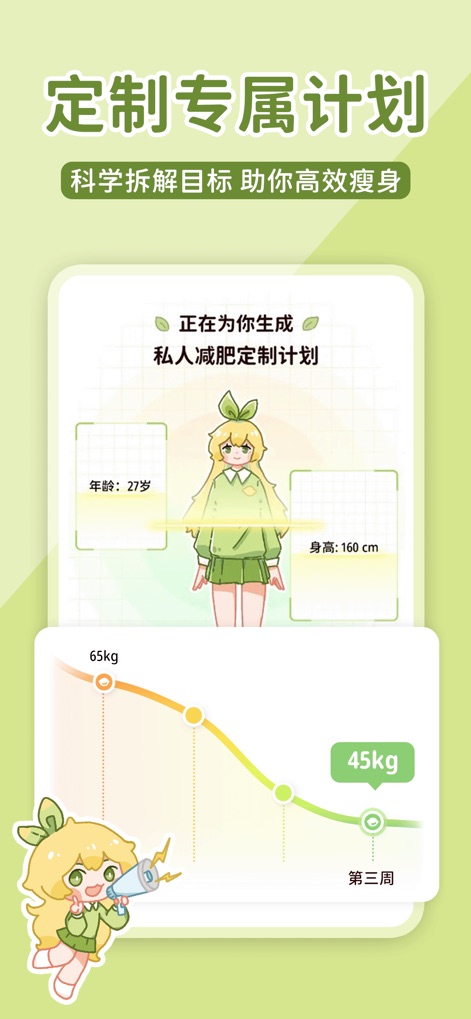 柠檬轻断食-不运动不节食轻松减肥 - La aplicación personaliza un plan de ayuno intermitente, mostrando la información de la usuaria como edad y altura, y visualizando el progreso proyectado del peso con un gráfico claro de reducción de 65kg a 45kg.