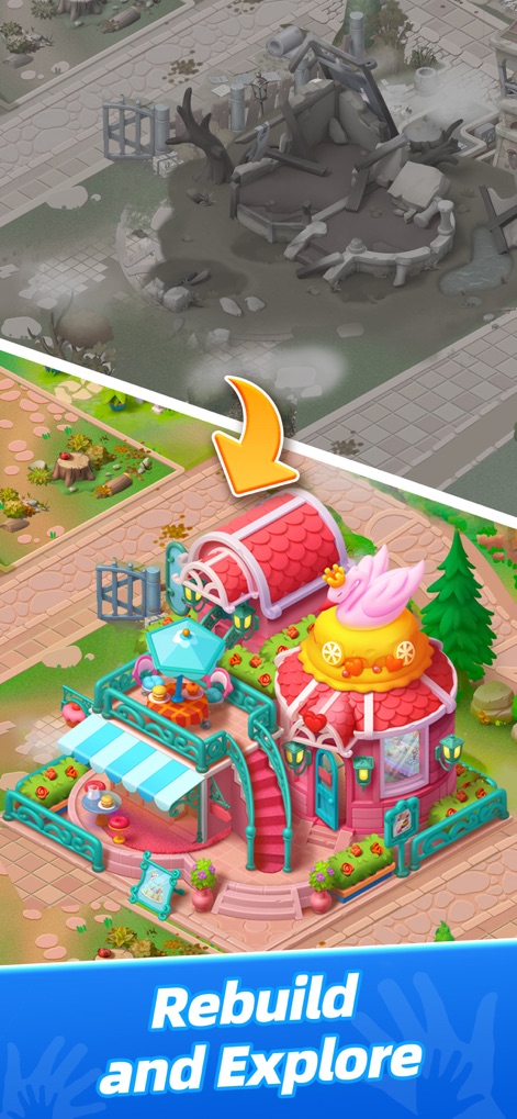 Mystery Town: Merge Games - Users witness a satisfying town transformation from ruins to vibrant newly constructed buildings, emphasizing the game's rebuilding and exploration aspects.