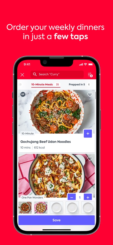 Gousto - Explore the app's intuitive recipe selection interface, featuring a prominent search bar for specific cuisines and quick-access filters for meal types like '10-Minute Meals'.