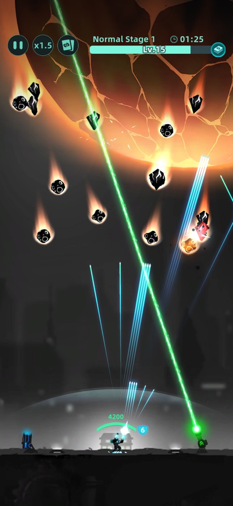 Galaxy Defense: Fortress TD - Die App zeigt eine intensive Gefechtsszene, in der ein grüner Laserstrahl Feinde trifft und zahlreiche dunkle Projektile herabfallen.