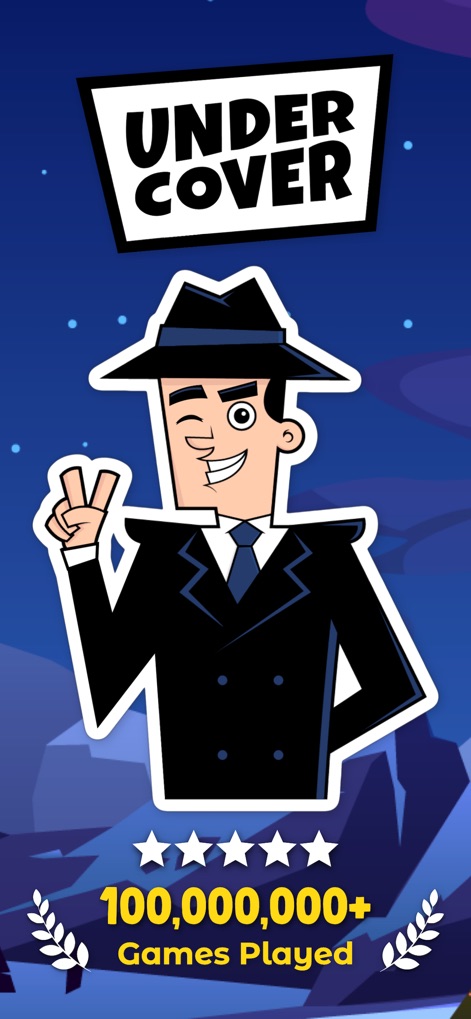 Undercover™: Word Party Game - The app prominently features its iconic "Undercover" title logo and an engaging animated character, celebrating its vast reach with over "100,000,000+ Games Played".