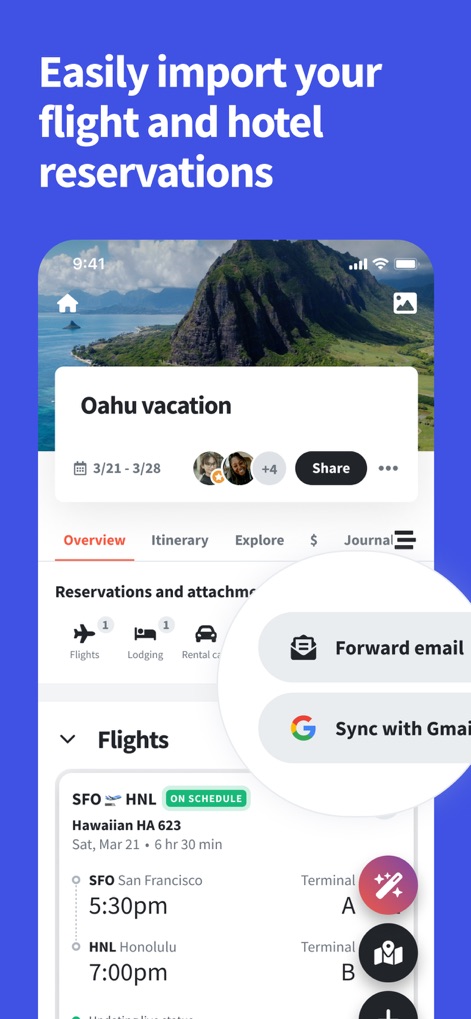 Wanderlog - Travel Planner - The app simplifies travel logistics by allowing users to instantly import reservations via email forwarding or direct Gmail synchronization, centralizing all flight and accommodation details.