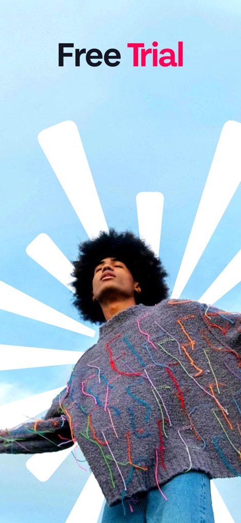 GoMoWorld: Travel eSIM | Data - This image features a prominent "Free Trial" offering, conveying a sense of liberation through the visual of a person with outstretched arms.