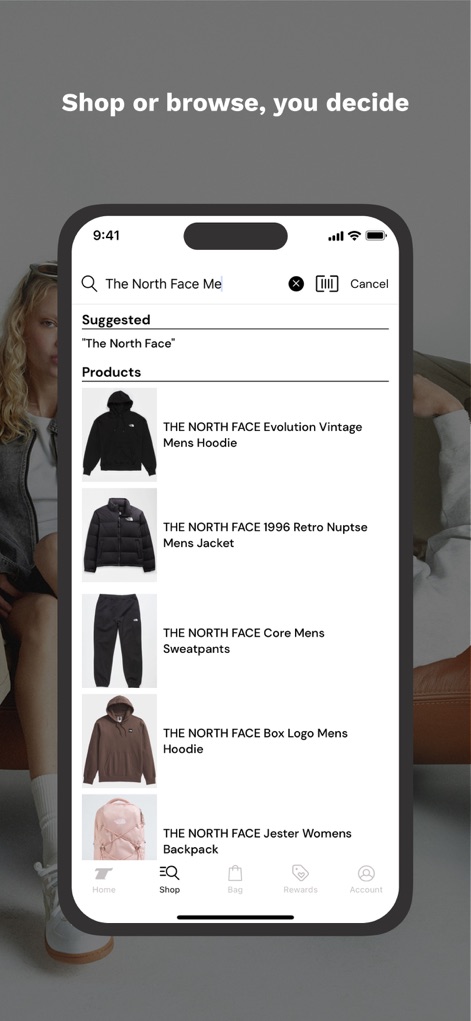 Tillys - The app provides an intelligent search function with suggested products like "The North Face Mens Hoodie" and allows for quick filtering of results.