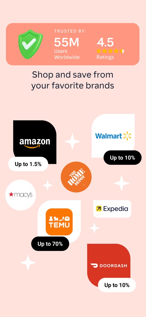ShopBack: Cashback & Rewards - This screen showcases the app's global user base of 55M and displays numerous trusted brands with their respective cashback percentages.