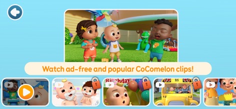 CoComelon: Learn ABCs and 123s - Users can access a library of popular CoComelon clips, presented with clear video thumbnails and an intuitive play button for easy viewing.