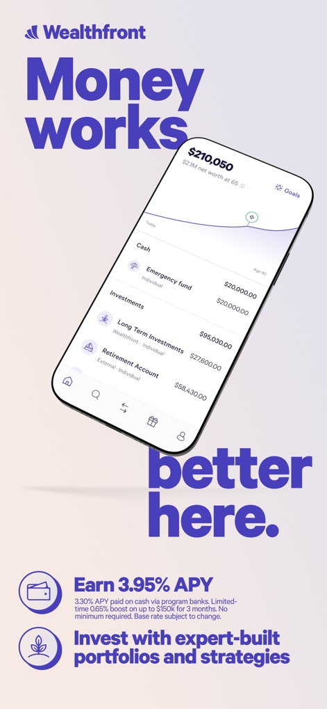 Wealthfront: Save and Invest - このアプリはユーザーの総資産を明確に表示し、キャッシュ、投資、退職金口座などのカテゴリを一覧で確認できます。