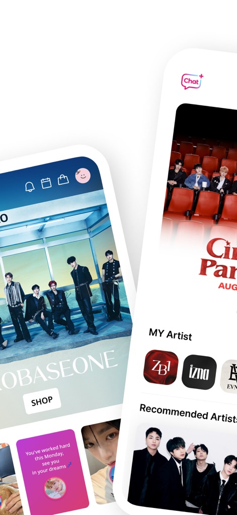 Plus Chat for K-POP - Users can explore dedicated sections for their favorite K-pop groups, with a 'SHOP' button for merchandise and a carousel of featured artist thumbnails for easy navigation.