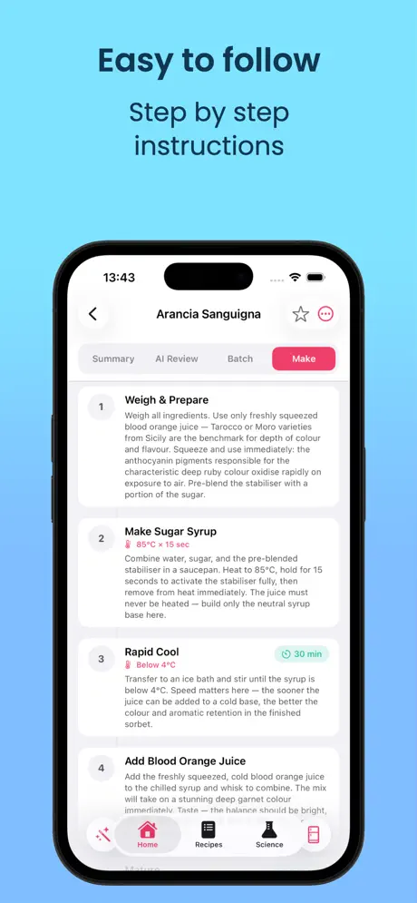 Custom gelato and ice cream recipe library with batch scaling calculator