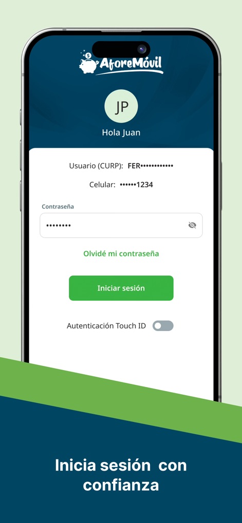 AforeMóvil - The app provides a streamlined login experience, featuring fields for user credentials and an option for convenient Touch ID authentication.