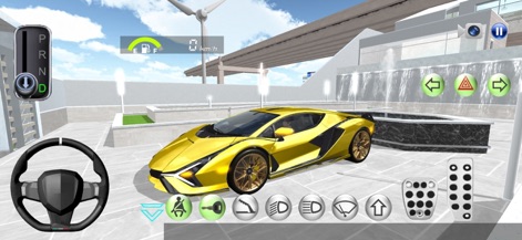 3D Driving Class - This app showcases luxurious car models like a vibrant yellow sports car, offering a detailed dashboard view with fuel gauge and various driving controls.