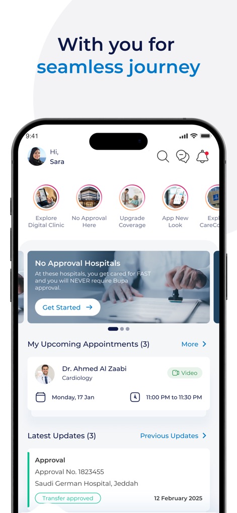 Bupa بوبا - This personalized home screen features upcoming appointments with video call options and important policy updates.