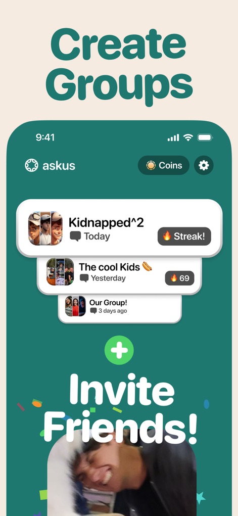 askUs: Whos most likely to - Explore the intuitive interface for creating new groups and the visual cues like "Streak!" that encourage continued engagement.
