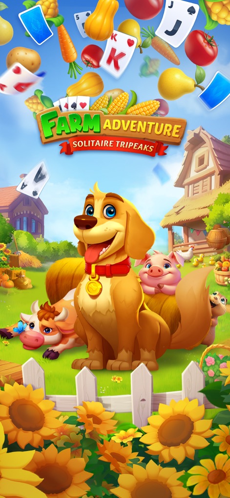 Solitaire Farm Adventure - This introductory visual showcases the charming farm animal companions and the distinctive "Farm Adventure Solitaire Tripeaks" title with its playful floating card elements.