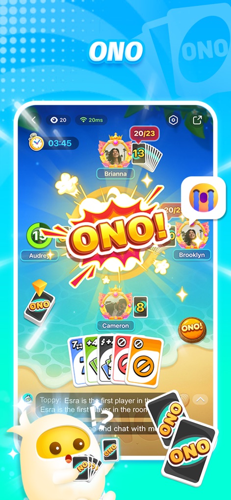 TopTop: Games & Party - La captura exhibe la emocionante interfaz del juego de cartas "ONO!", donde los avatares de los jugadores muestran sus contadores de cartas y un chat activo permite la comunicación durante el juego.