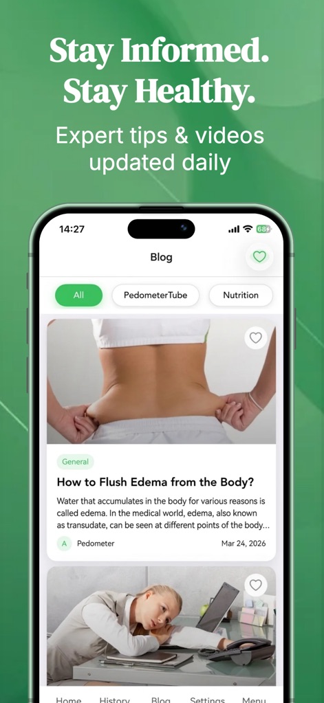 The Pedometer: Step Counter - A aba 'Blog' oferece artigos informativos e dicas de bem-estar, com categorias claras como 'Nutrition' e conteúdo editorial, como o título 'How to Flush Edema from the Body?'.