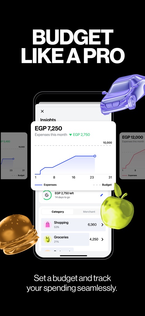 Telda - Los usuarios visualizan sus gastos mensuales en un gráfico claro y categorizan sus transacciones en apartados como "Shopping" y "Groceries" para un mejor control.