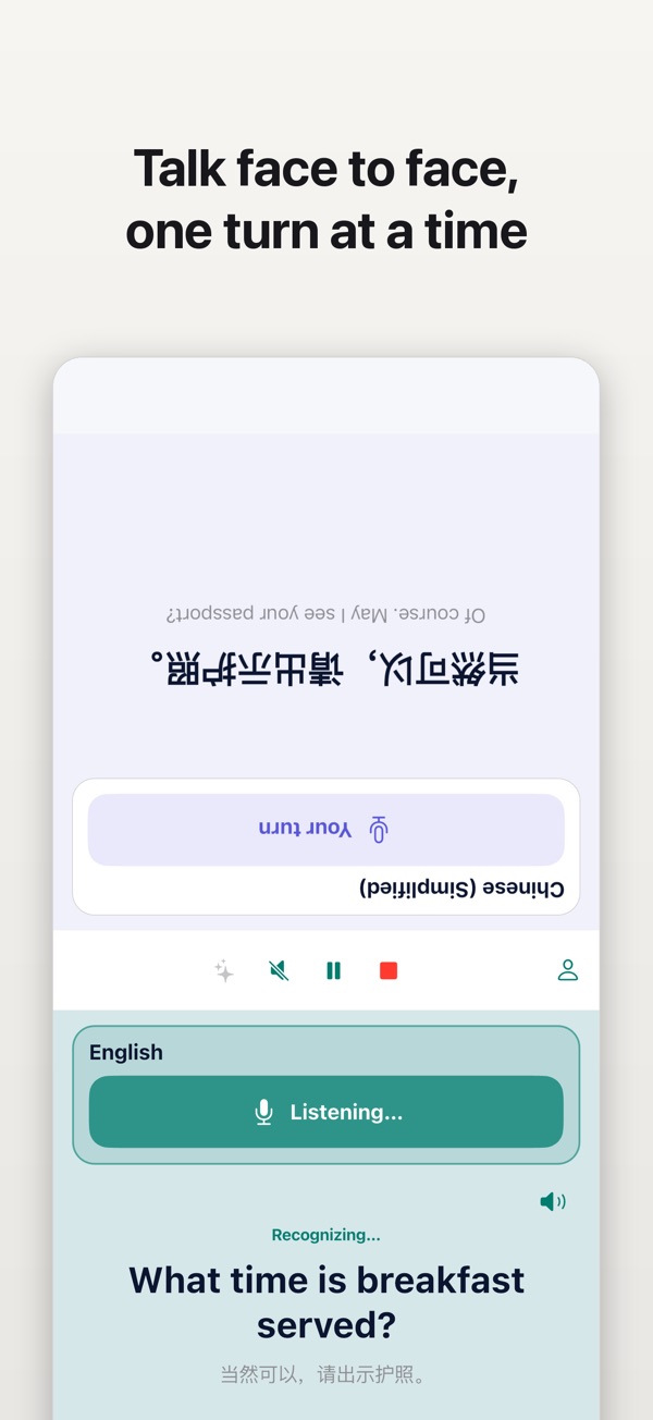 Talklation face-to-face conversation mode for two people taking turns