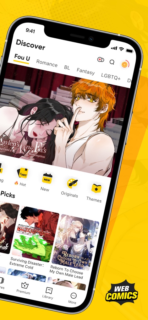 WebComics - Webtoon, Manga - The app's "Discover" tab highlights trending series and allows users to browse genres such as Romance, BL, and Fantasy, ensuring easy access to diverse content.