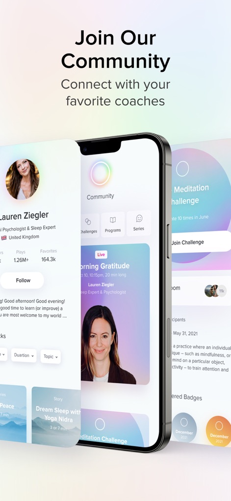 Aura: Meditation & Sleep, CBT - Connect with experts like "Lauren Ziegler, Psychologist & Sleep Expert" and explore the vibrant "Community" features, including "Challenges" and "Programs" for shared wellness journeys.