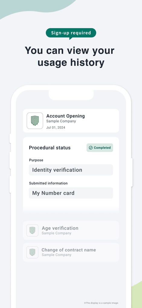 TRUSTDOCK - Users can easily review their detailed "Usage history", showing individual requests like "Account Opening" and their current "Procedural status".