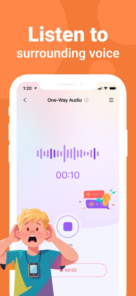 FamiSafe: Parental Control App - La función "One-Way Audio" permite escuchar el entorno, representada visualmente por una onda de audio, para asegurar la seguridad física del niño.