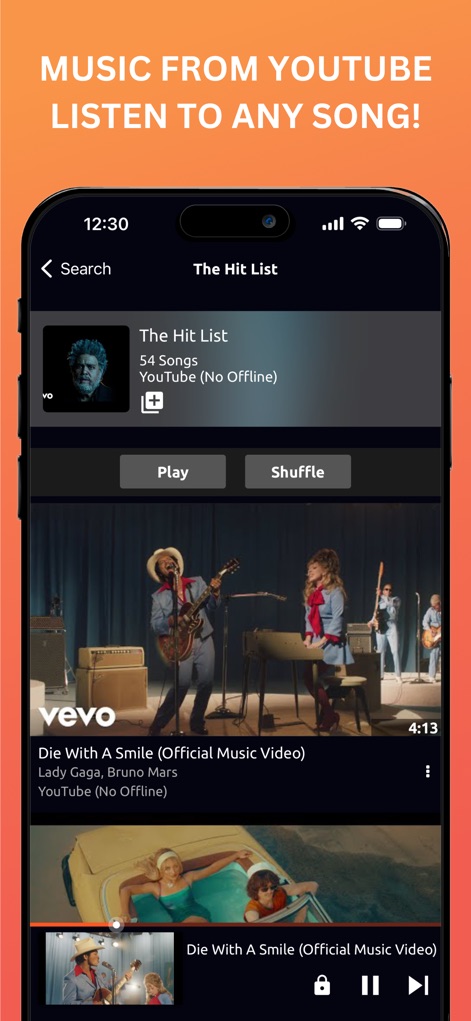 Music Downloader / MP3 Player - Esta herramienta facilita el acceso a listas de reproducción completas de YouTube, como 'The Hit List', y permite la reproducción instantánea con opciones de 'Play' y 'Shuffle' para una experiencia personalizada.