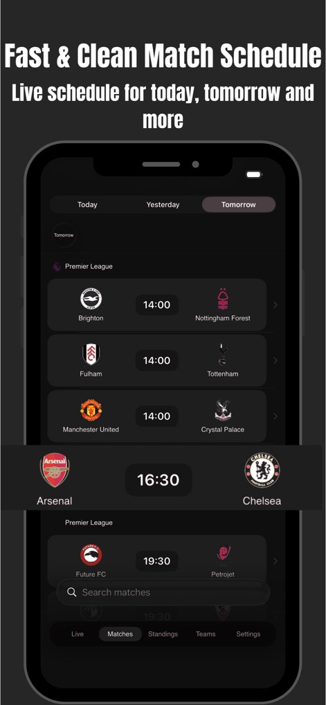 Rodjo Black - Match - This tool provides a clean and fast match schedule for tomorrow, displaying key fixtures like Arsenal vs. Chelsea and allowing users to browse by specific leagues such as the Premier League.